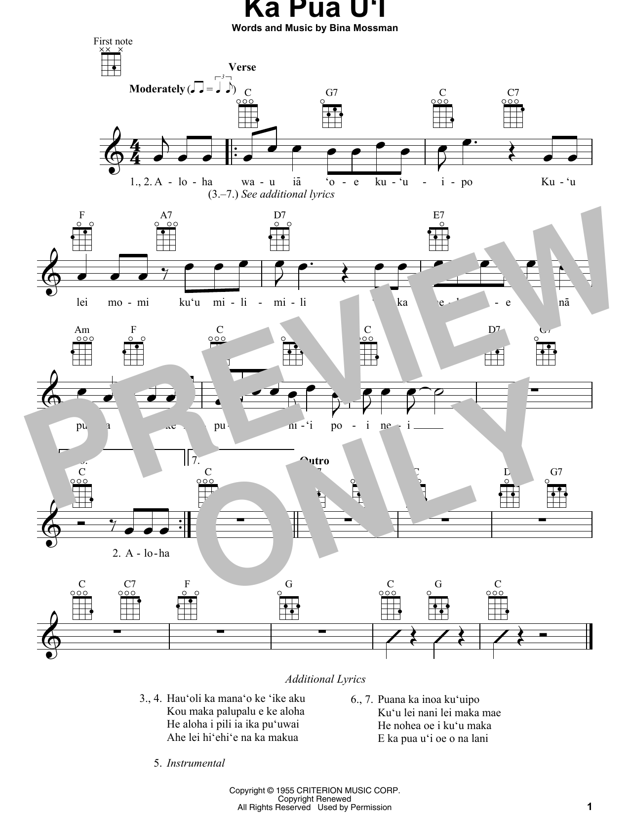 Bina Mossman Ka Pua U'I Sheet Music Notes & Chords for Ukulele - Download or Print PDF