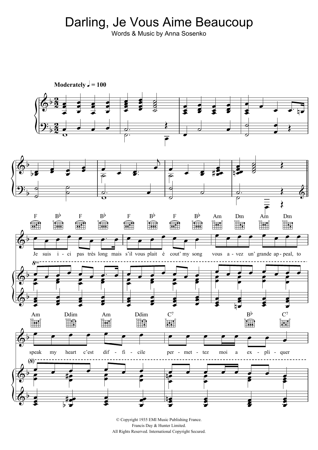 Bing Crosby Darling Je Vous Aime Beaucoup Sheet Music Notes & Chords for Piano, Vocal & Guitar (Right-Hand Melody) - Download or Print PDF