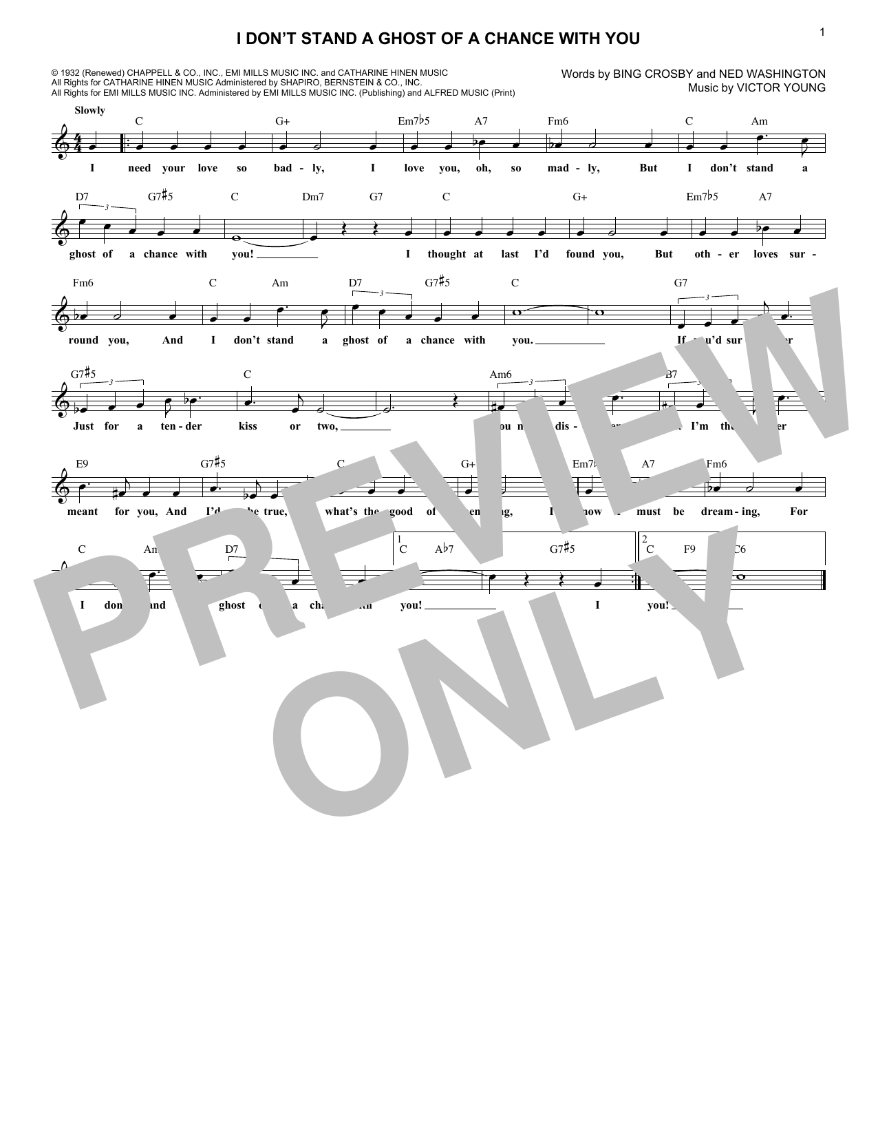Bing Crosby I Don't Stand A Ghost Of A Chance With You Sheet Music Notes & Chords for Voice - Download or Print PDF