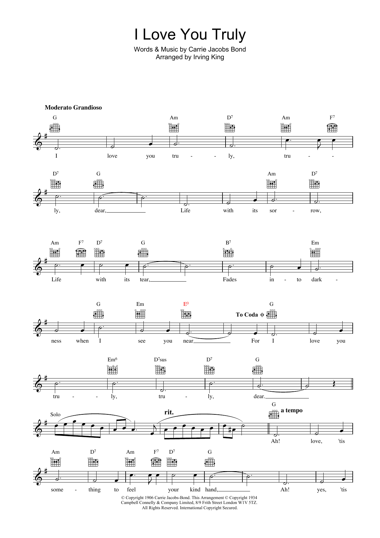Bing Crosby I Love You Truly Sheet Music Notes & Chords for Lead Sheet / Fake Book - Download or Print PDF