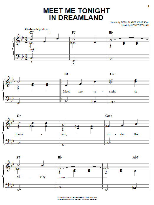 Bing Crosby Meet Me Tonight In Dreamland Sheet Music Notes & Chords for Easy Piano - Download or Print PDF