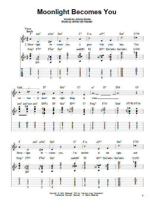 Bing Crosby Moonlight Becomes You Sheet Music Notes & Chords for Easy Guitar Tab - Download or Print PDF