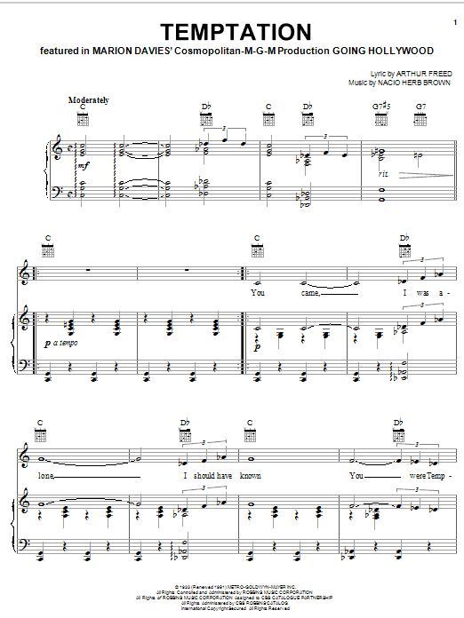 Bing Crosby Temptation Sheet Music Notes & Chords for Piano, Vocal & Guitar (Right-Hand Melody) - Download or Print PDF