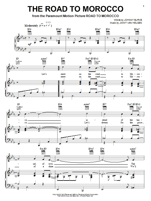 Bing Crosby The Road To Morocco Sheet Music Notes & Chords for Piano, Vocal & Guitar (Right-Hand Melody) - Download or Print PDF