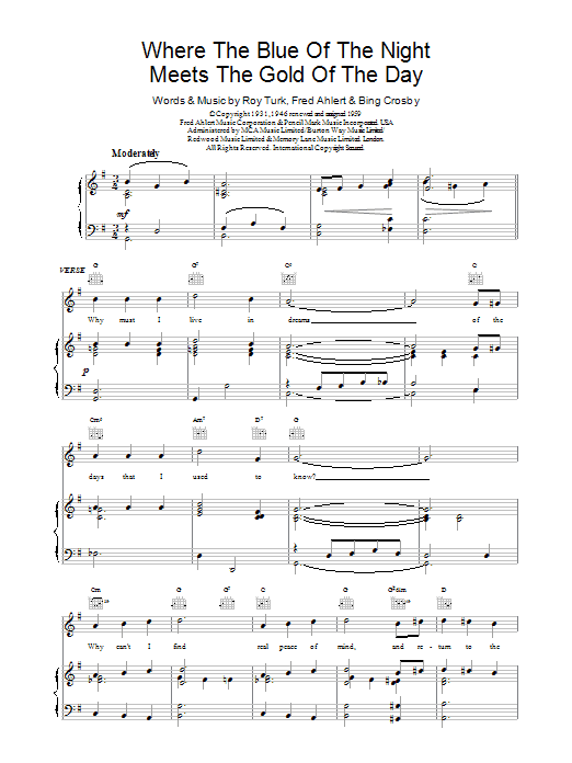 Bing Crosby Where The Blue Of The Night Meets The Gold Of The Day Sheet Music Notes & Chords for Piano, Vocal & Guitar (Right-Hand Melody) - Download or Print PDF