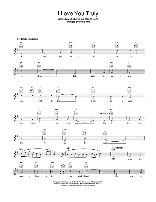 Preview Bing Crosby I Love You Truly Easy Listening sheet music, notes and chords for Melody Line, Lyrics & Chords, SKU: 25405 I Love You Truly sheet music