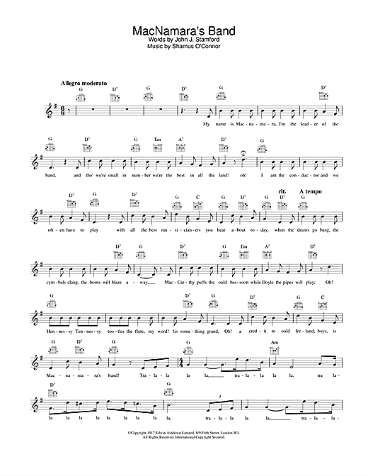Preview Bing Crosby MacNamara's Band Easy Listening sheet music, notes and chords for Melody Line, Lyrics & Chords, SKU: 25415 MacNamara's Band sheet music
