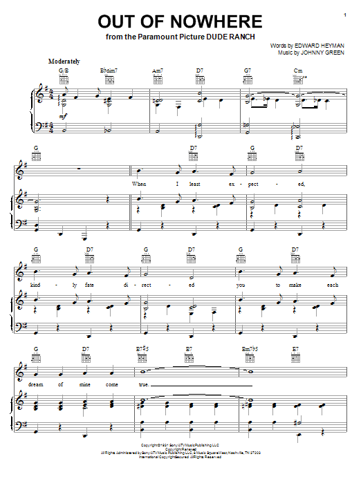 Preview Bing Crosby Out Of Nowhere Jazz sheet music, notes and chords for Piano, Vocal & Guitar (Right-Hand Melody), SKU: 18302 Out Of Nowhere sheet music
