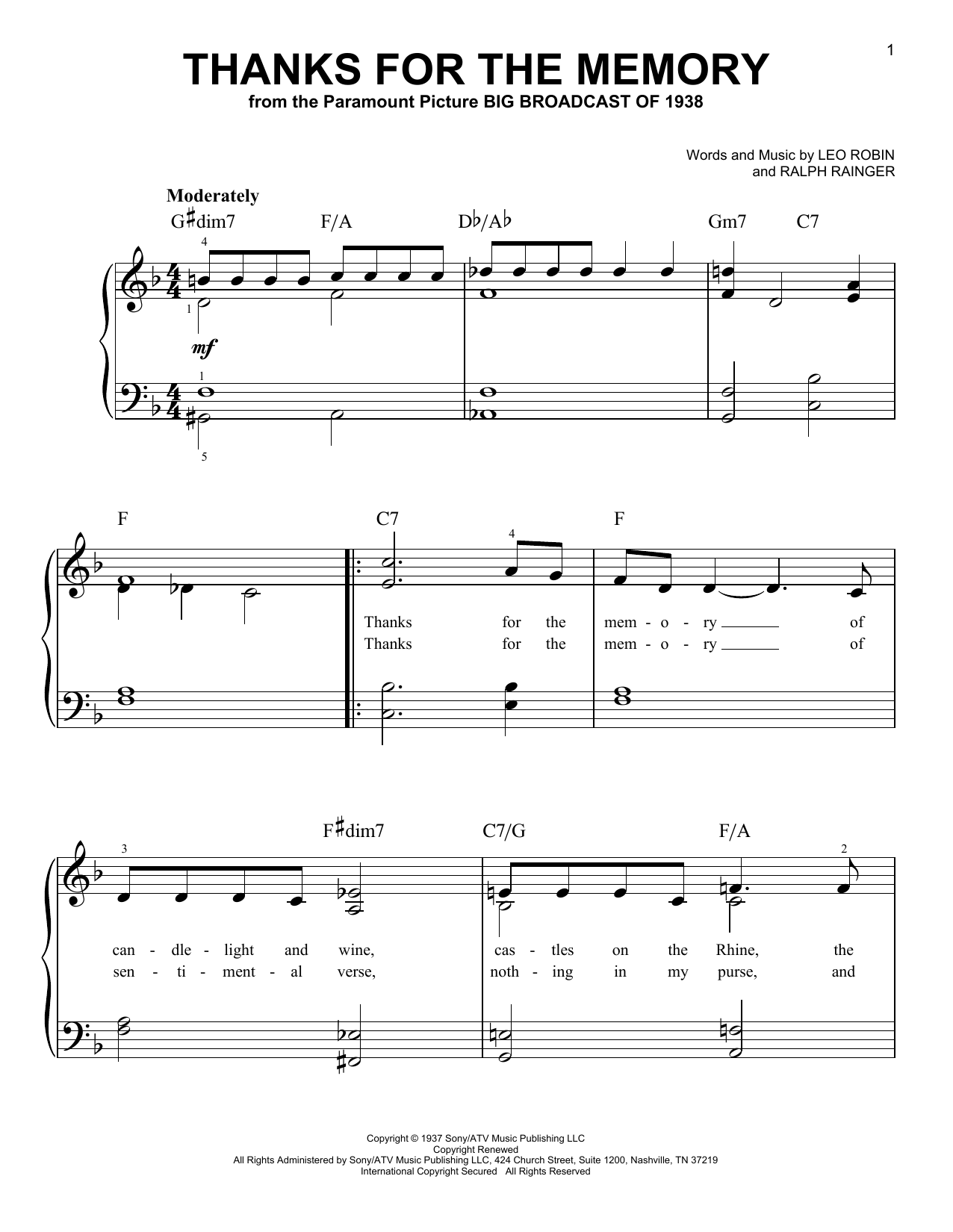 Preview Bing Crosby Thanks For The Memory Classics sheet music, notes and chords for Easy Piano, SKU: 81249 Thanks For The Memory sheet music