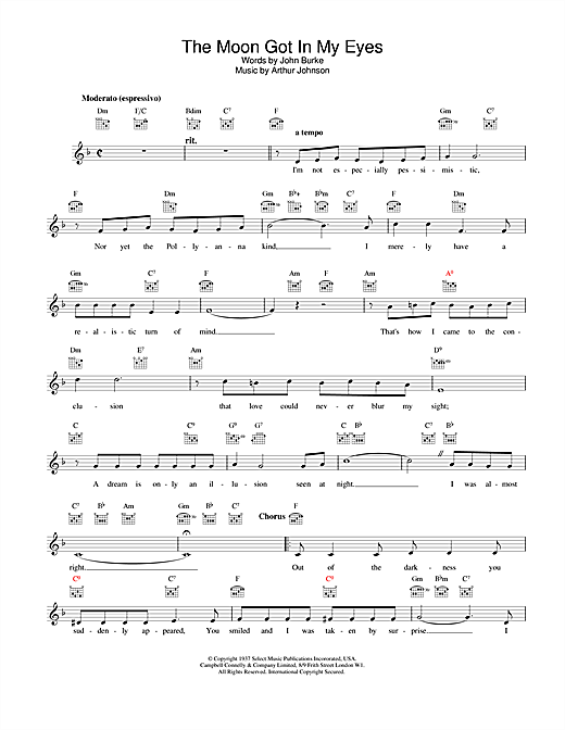 Preview Bing Crosby The Moon Got In My Eyes Easy Listening sheet music, notes and chords for Piano, Vocal & Guitar (Right-Hand Melody), SKU: 19261 sheet music, piano notes, chords, guitar tabs, score, transpose, transcribe, how to play, guide, download, learn, tutorial, progression, song, artist, awards, billboard, mtv, vh1, tour, single, album, release