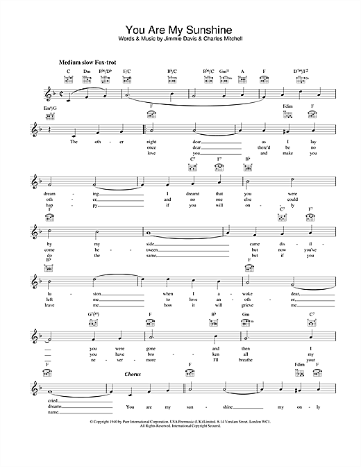 Preview Bing Crosby You Are My Sunshine Easy Listening sheet music, notes and chords for Melody Line, Lyrics & Chords, SKU: 25412 You Are My Sunshine sheet music