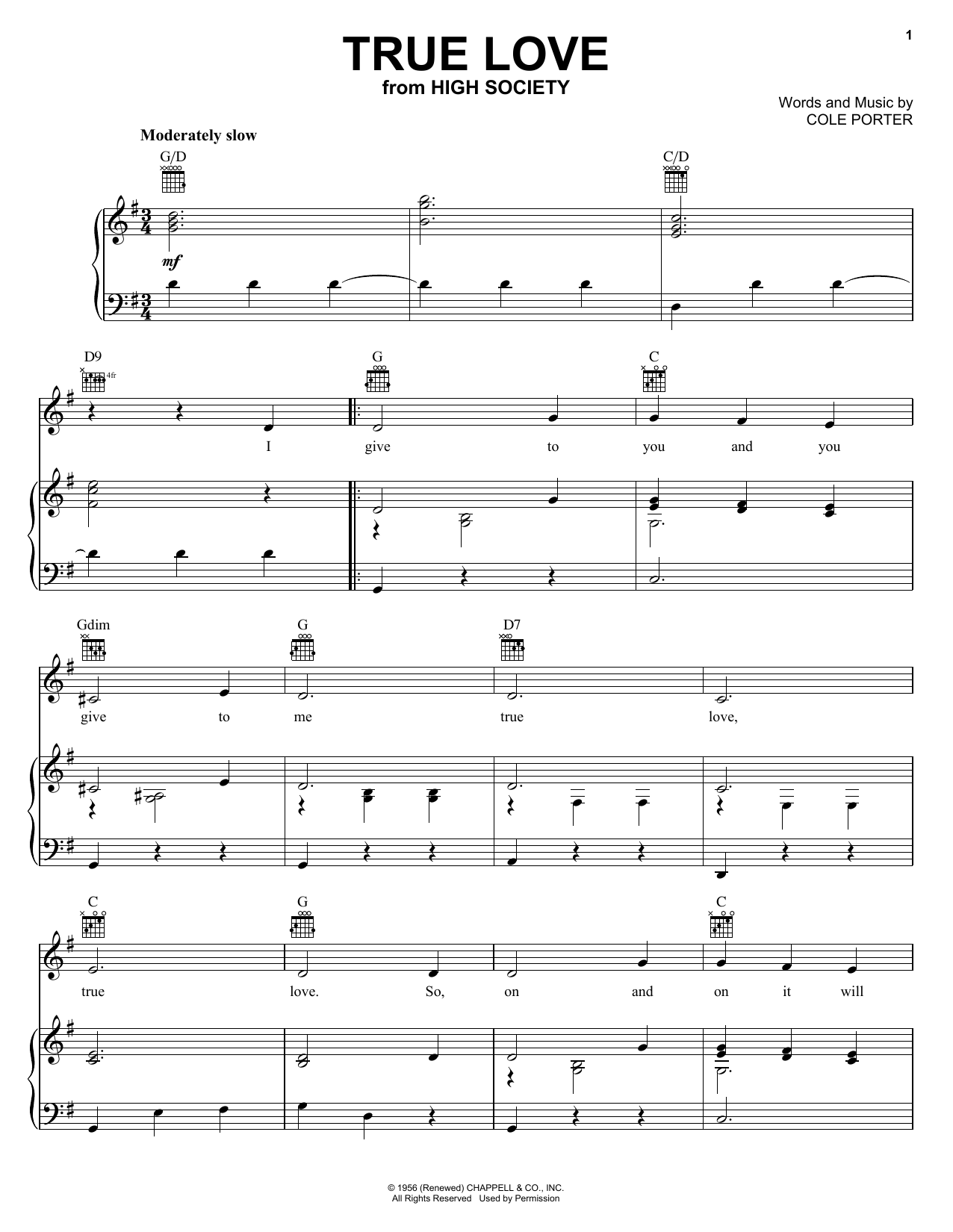 Preview Bing Crosby & Grace Kelly True Love (from High Society) Jazz sheet music, notes and chords for Easy Piano, SKU: 81250 True Love (from High Society) sheet music