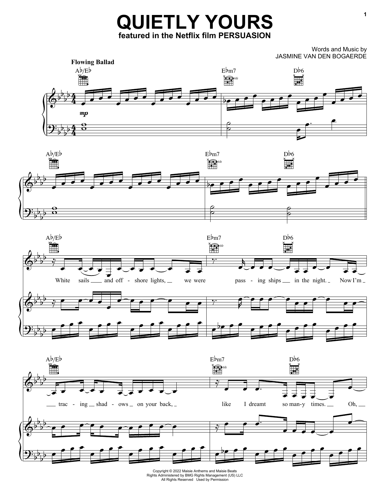 Birdy Quietly Yours (from Persuasion) Sheet Music Notes & Chords for Piano, Vocal & Guitar Chords (Right-Hand Melody) - Download or Print PDF