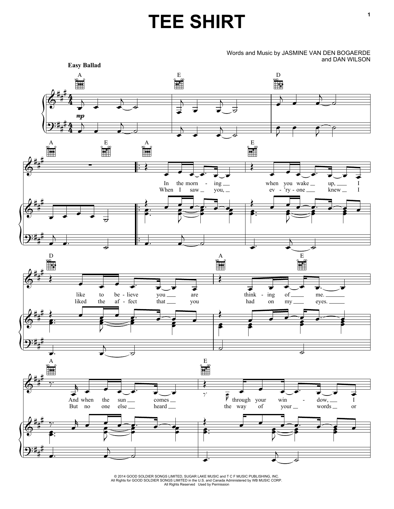 Birdy Tee Shirt Sheet Music Notes & Chords for Piano, Vocal & Guitar (Right-Hand Melody) - Download or Print PDF