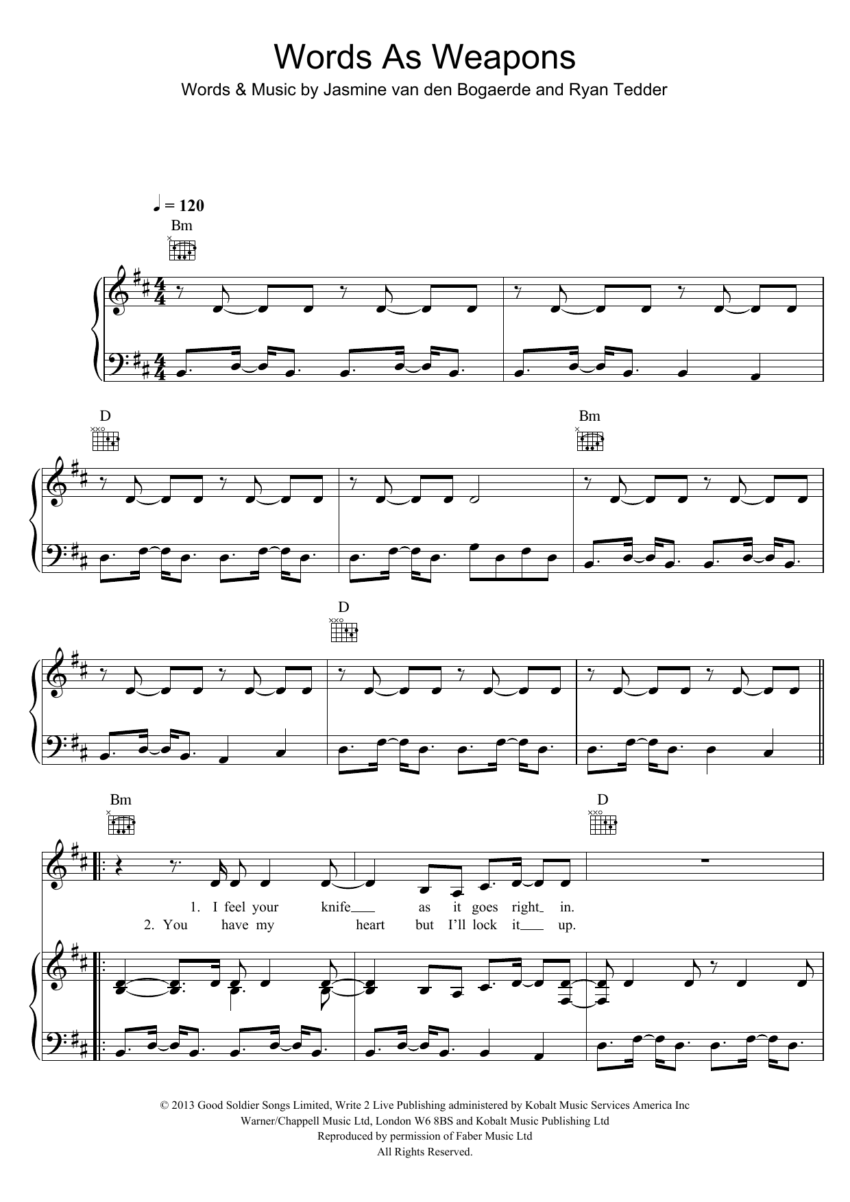 Birdy Words As Weapons Sheet Music Notes & Chords for Piano, Vocal & Guitar (Right-Hand Melody) - Download or Print PDF