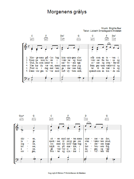 Preview Birgitte Buur Morgenens Grålys Folk sheet music, notes and chords for Piano, Vocal & Guitar (Right-Hand Melody), SKU: 34149 Morgenens Grålys sheet music
