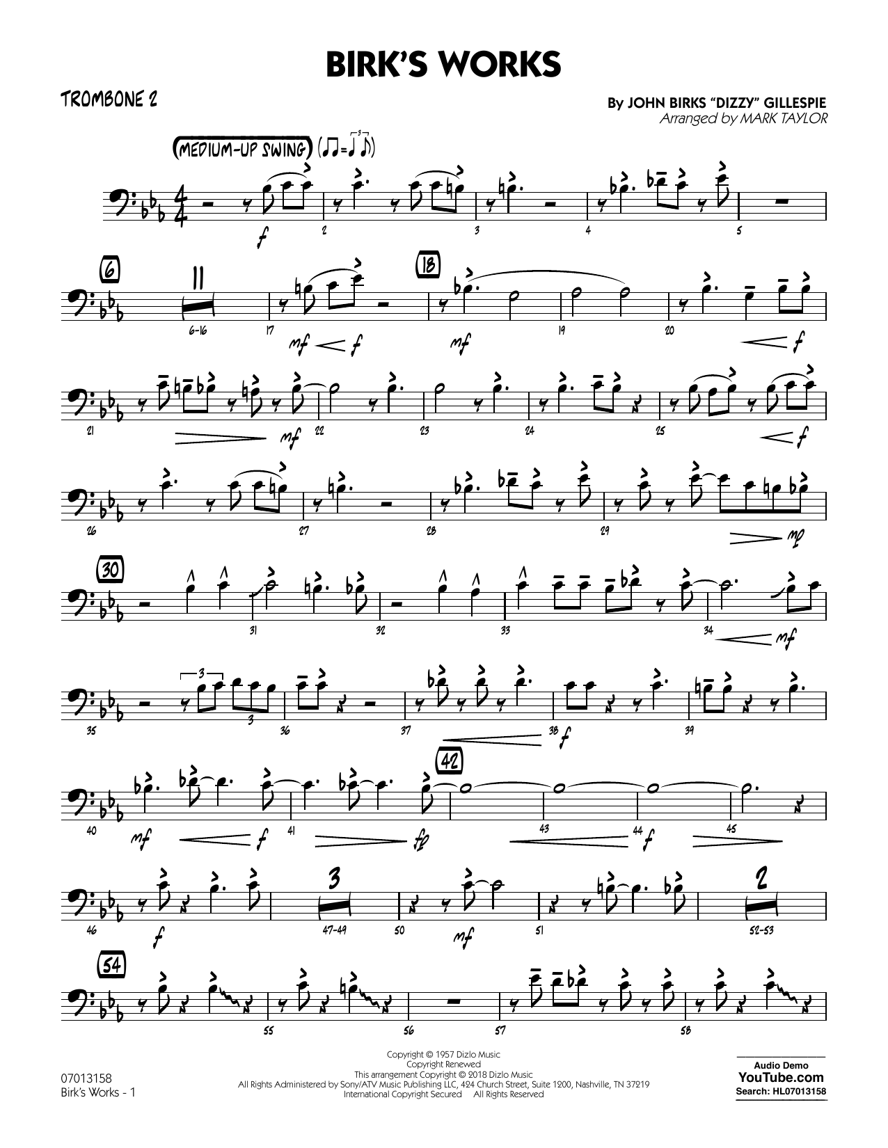 Preview Mark Taylor Birk's Works - Trombone 2 Jazz sheet music, notes and chords for Jazz Ensemble, SKU: 380812 sheet music, piano notes, chords, guitar tabs, score, transpose, transcribe, how to play, guide, download, learn, tutorial, progression, song, artist, awards, billboard, mtv, vh1, tour, single, album, release