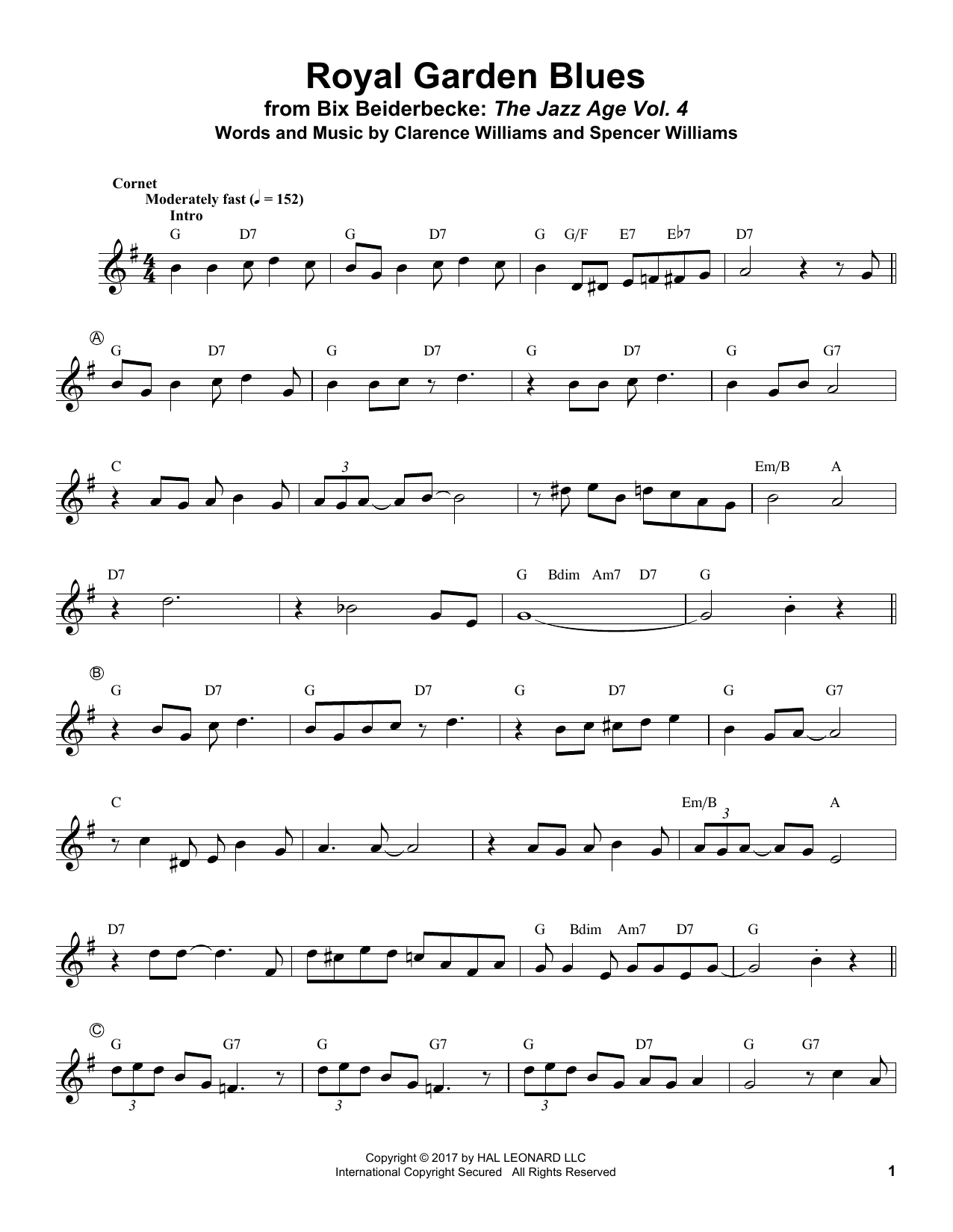 Bix Beiderbecke Royal Garden Blues Sheet Music Notes & Chords for Trumpet Transcription - Download or Print PDF