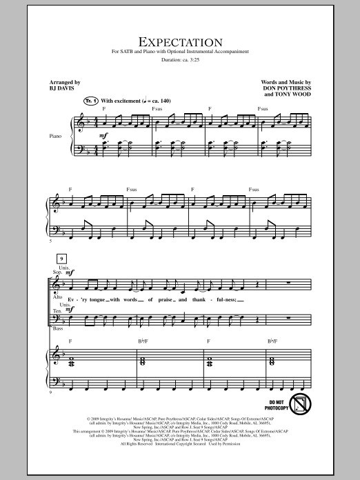 BJ Davis Expectation Sheet Music Notes & Chords for SATB - Download or Print PDF