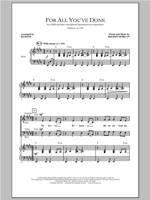 BJ Davis For All You've Done Sheet Music Notes & Chords for SATB - Download or Print PDF