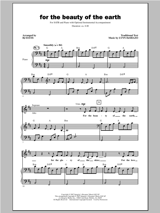 BJ Davis For The Beauty Of The Earth Sheet Music Notes & Chords for SATB - Download or Print PDF