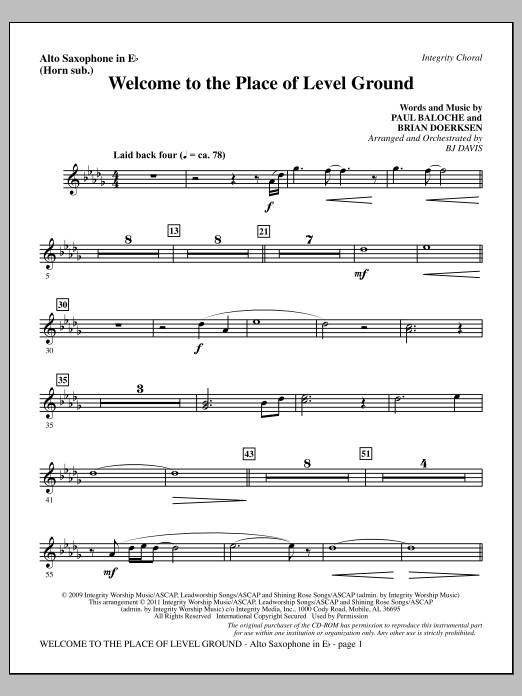BJ Davis Welcome To The Place Of Level Ground - Alto Sax (sub. Horn) Sheet Music Notes & Chords for Choir Instrumental Pak - Download or Print PDF