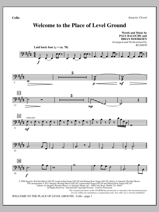 BJ Davis Welcome To The Place Of Level Ground - Cello Sheet Music Notes & Chords for Choir Instrumental Pak - Download or Print PDF