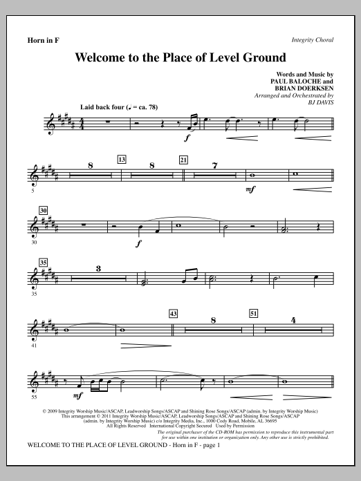 BJ Davis Welcome To The Place Of Level Ground - F Horn Sheet Music Notes & Chords for Choir Instrumental Pak - Download or Print PDF