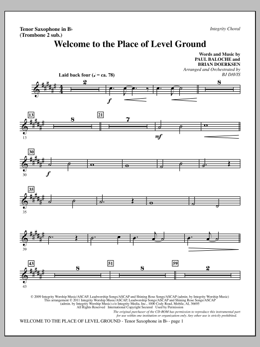 BJ Davis Welcome To The Place Of Level Ground - Tenor Sax (sub. Tbn 2) Sheet Music Notes & Chords for Choir Instrumental Pak - Download or Print PDF