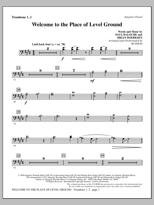 BJ Davis Welcome To The Place Of Level Ground - Trombone 1 & 2 Sheet Music Notes & Chords for Choir Instrumental Pak - Download or Print PDF