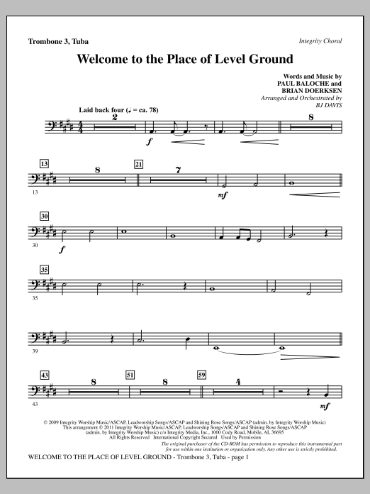 BJ Davis Welcome To The Place Of Level Ground - Trombone 3/Tuba Sheet Music Notes & Chords for Choir Instrumental Pak - Download or Print PDF