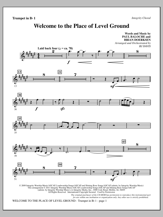 BJ Davis Welcome To The Place Of Level Ground - Trumpet 1 Sheet Music Notes & Chords for Choir Instrumental Pak - Download or Print PDF