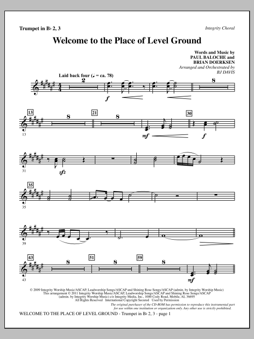 BJ Davis Welcome To The Place Of Level Ground - Trumpet 2 & 3 Sheet Music Notes & Chords for Choir Instrumental Pak - Download or Print PDF