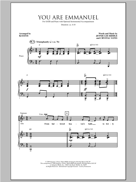 BJ Davis You Are Emmanuel Sheet Music Notes & Chords for SATB - Download or Print PDF