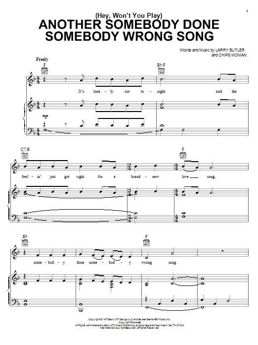 B.J. Thomas (Hey, Won't You Play) Another Somebody Done Somebody Wrong Song Sheet Music Notes & Chords for Melody Line, Lyrics & Chords - Download or Print PDF