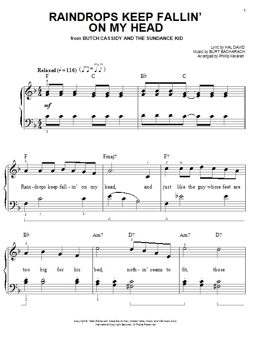 B.J. Thomas Raindrops Keep Fallin' On My Head Sheet Music Notes & Chords for Easy Piano - Download or Print PDF