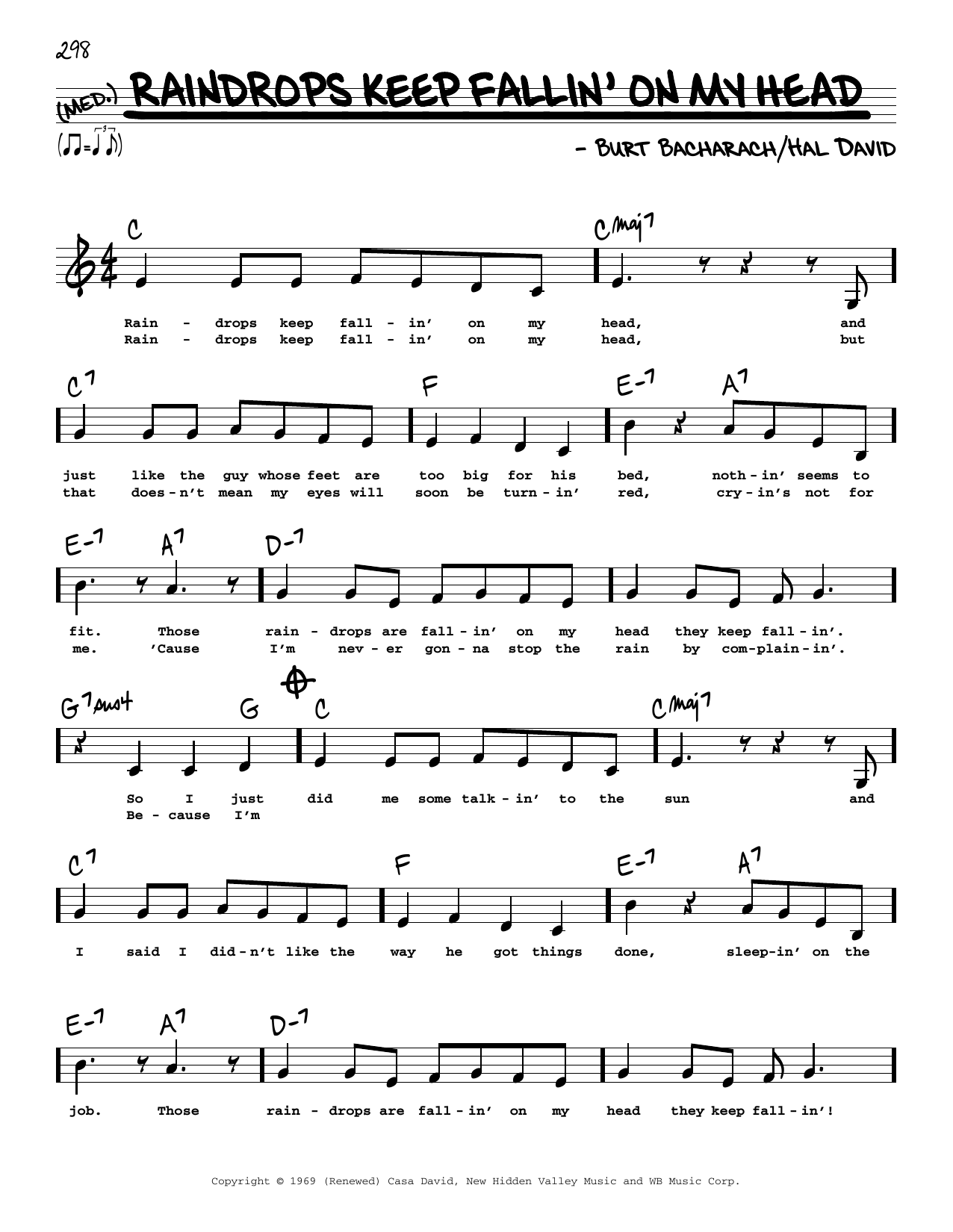 B.J. Thomas Raindrops Keep Fallin' On My Head (Low Voice) Sheet Music Notes & Chords for Real Book – Melody, Lyrics & Chords - Download or Print PDF