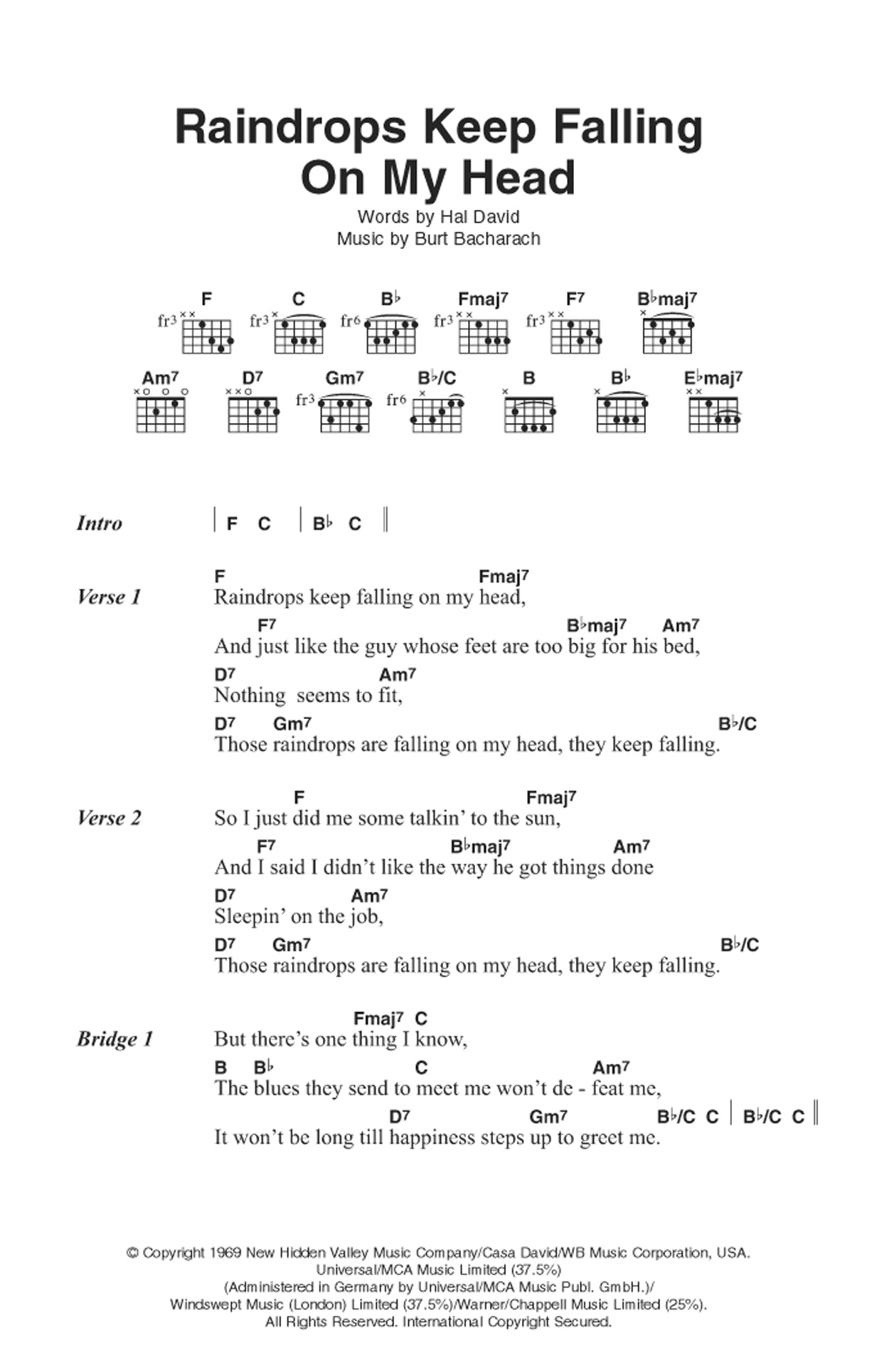 Burt Bacharach Raindrops Keep Falling On My Head Sheet Music Notes & Chords for Guitar Chords/Lyrics - Download or Print PDF