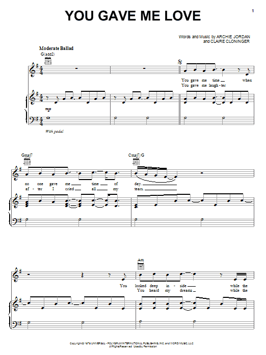 B.J. Thomas You Gave Me Love Sheet Music Notes & Chords for Piano, Vocal & Guitar (Right-Hand Melody) - Download or Print PDF