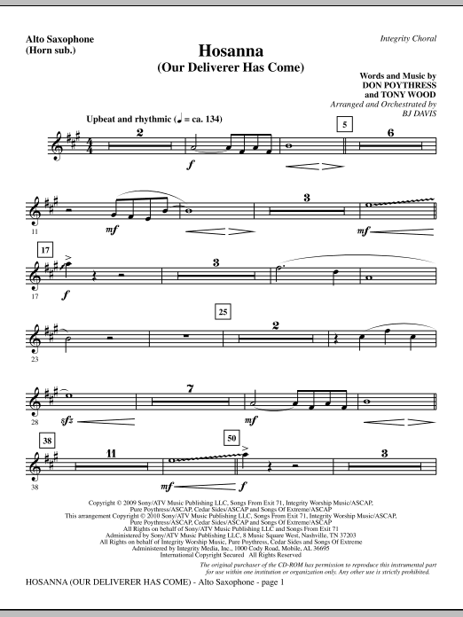 Preview BJ Davis Hosanna (Our Deliverer Has Come) - Alto Sax (sub. Horn) Contemporary sheet music, notes and chords for Choir Instrumental Pak, SKU: 296046 Hosanna (Our Deliverer Has Come) - Alto Sax (sub. Horn) sheet music