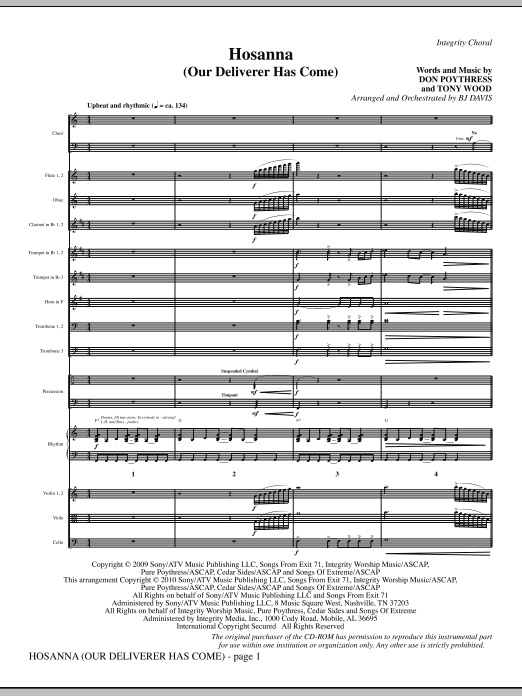 Preview BJ Davis Hosanna (Our Deliverer Has Come) - Full Score Contemporary sheet music, notes and chords for Choir Instrumental Pak, SKU: 296070 Hosanna (Our Deliverer Has Come) - Full Score sheet music