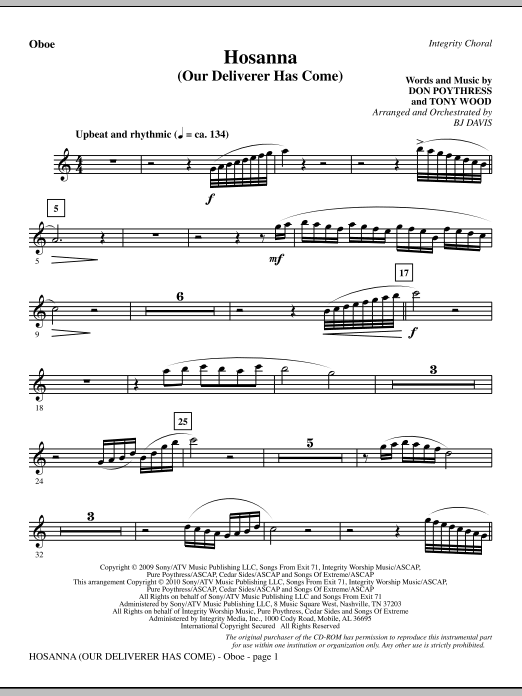 Preview BJ Davis Hosanna (Our Deliverer Has Come) - Oboe Contemporary sheet music, notes and chords for Choir Instrumental Pak, SKU: 296072 Hosanna (Our Deliverer Has Come) - Oboe sheet music