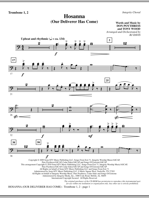 Preview BJ Davis Hosanna (Our Deliverer Has Come) - Trombone 1 & 2 Contemporary sheet music, notes and chords for Choir Instrumental Pak, SKU: 296039 Hosanna (Our Deliverer Has Come) - Trombone 1 & 2 sheet music