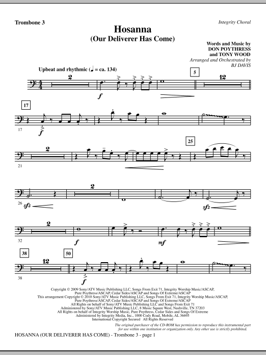 Preview BJ Davis Hosanna (Our Deliverer Has Come) - Trombone 3 Contemporary sheet music, notes and chords for Choir Instrumental Pak, SKU: 296040 Hosanna (Our Deliverer Has Come) - Trombone 3 sheet music