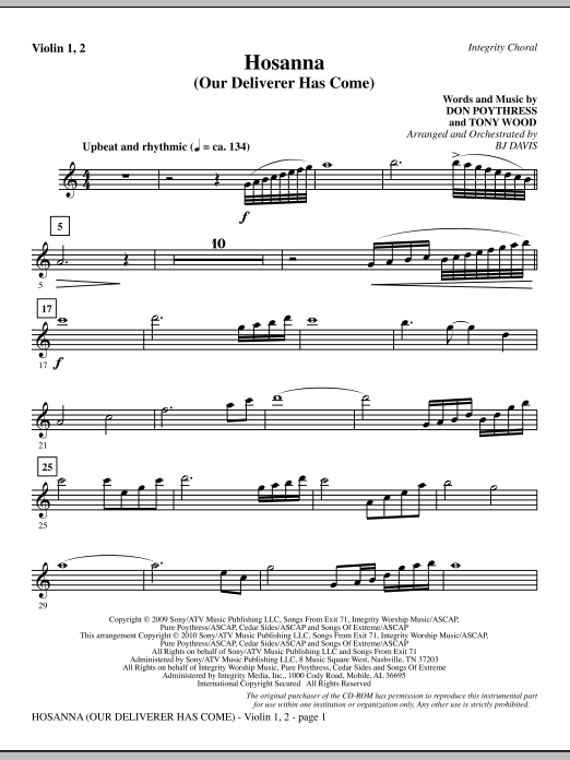 Preview BJ Davis Hosanna (Our Deliverer Has Come) - Violin 1, 2 Contemporary sheet music, notes and chords for Choir Instrumental Pak, SKU: 296043 Hosanna (Our Deliverer Has Come) - Violin 1, 2 sheet music