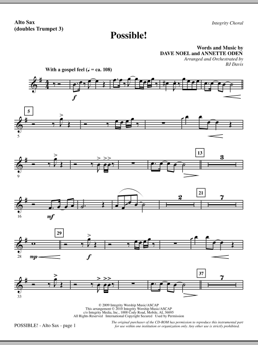 Preview BJ Davis Possible! - Alto Sax (sub. Trumpet 3) Contemporary sheet music, notes and chords for Choir Instrumental Pak, SKU: 295498 Possible! - Alto Sax (sub. Trumpet 3) sheet music
