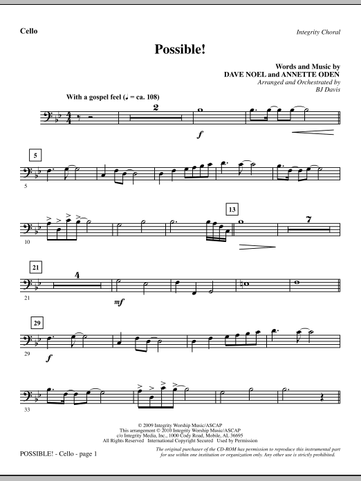 Preview BJ Davis Possible! - Cello Contemporary sheet music, notes and chords for Choir Instrumental Pak, SKU: 295497 Possible! - Cello sheet music
