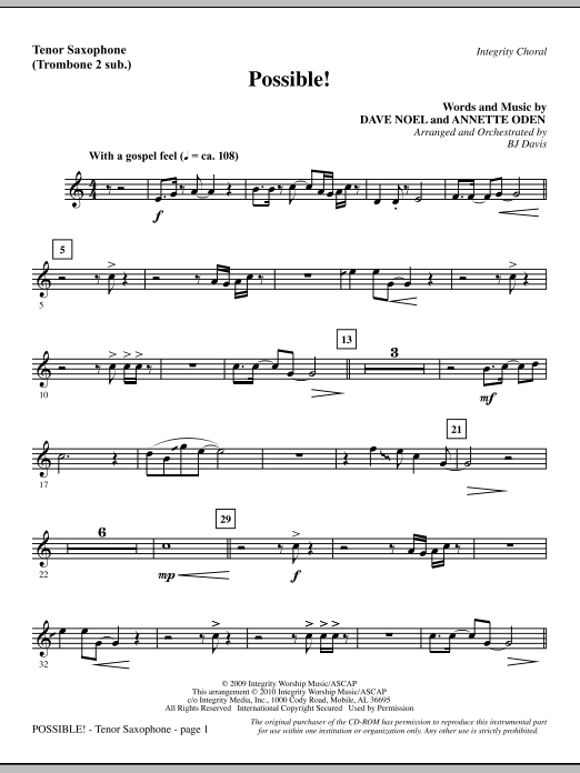 Preview BJ Davis Possible! - Tenor Sax (sub. Tbn 2) Contemporary sheet music, notes and chords for Choir Instrumental Pak, SKU: 295499 Possible! - Tenor Sax (sub. Tbn 2) sheet music