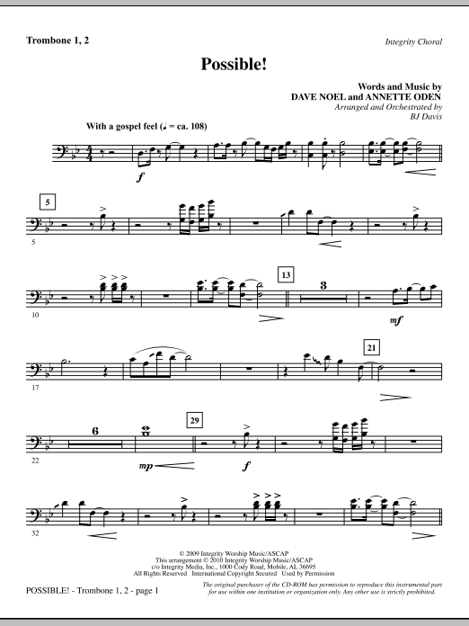 Preview BJ Davis Possible! - Trombone 1 & 2 Contemporary sheet music, notes and chords for Choir Instrumental Pak, SKU: 295491 Possible! - Trombone 1 & 2 sheet music