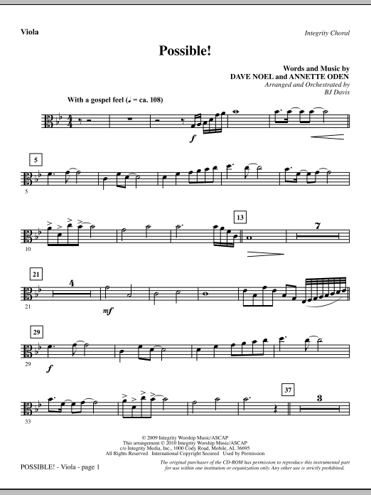 Preview BJ Davis Possible! - Viola Contemporary sheet music, notes and chords for Choir Instrumental Pak, SKU: 295496 Possible! - Viola sheet music